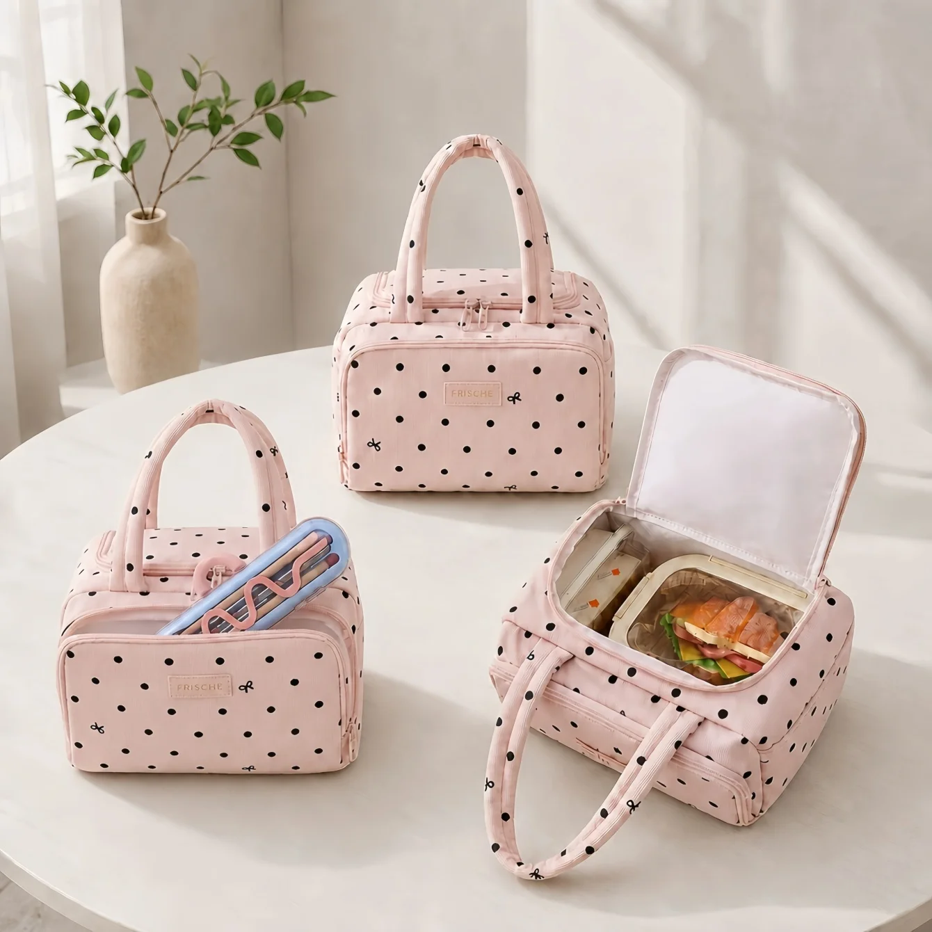 Polka Dot Insulated Lunch Bag for Women, Corduroy Handle with Front Pocket, Large Reusable Lunch Box for Office Picnic Travel