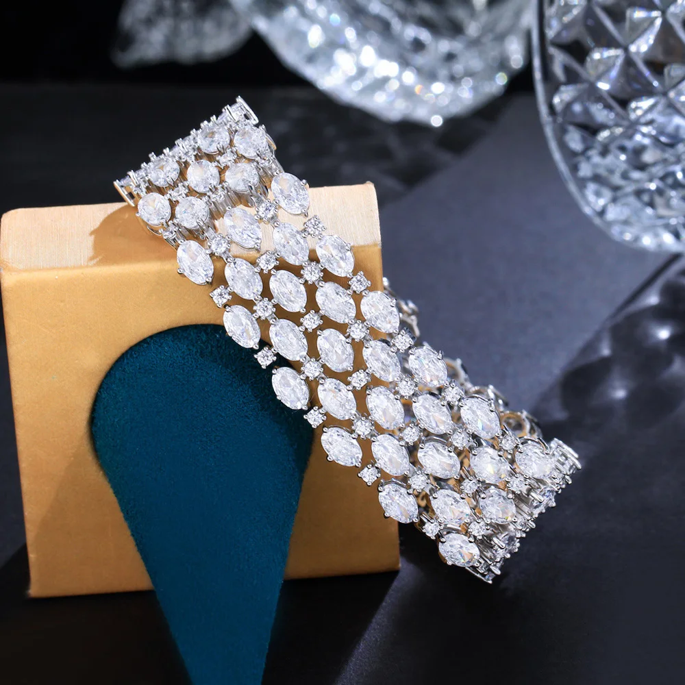 ThreeGraces Luxury Sparkly Cubic Zirconia Silver Color Big Wide Wedding Bridal Bracelet for Women 2023 New Fashion Jewelry BR297