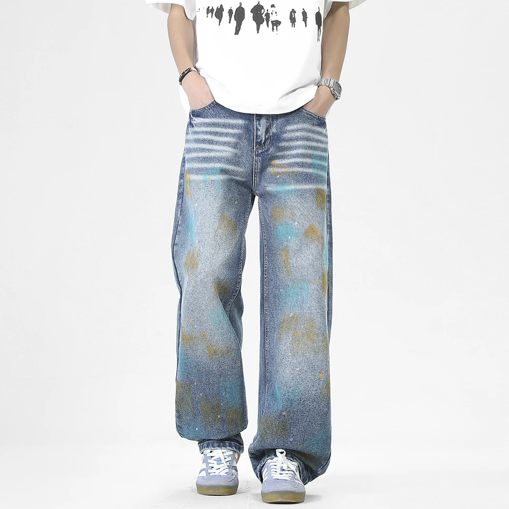 Men's Distressed Jeans Light Blue Washed Ink Splash Colorful Graffiti Loose Wide Leg Casual Streetwear Denim Trousers