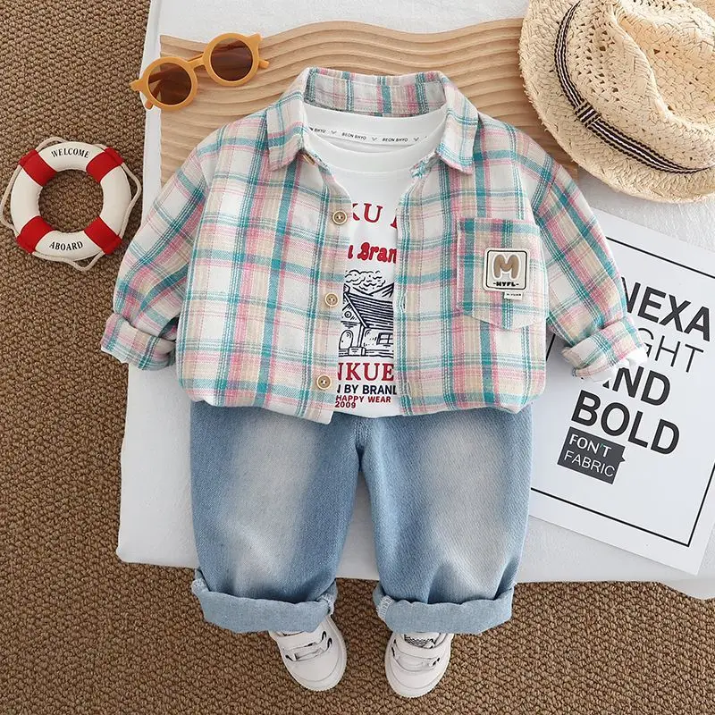 طقم أطفال للربيع والخريف قميص أطفال مربع جديد + تي شيرت + جينز طقم مكون من 3 قطع