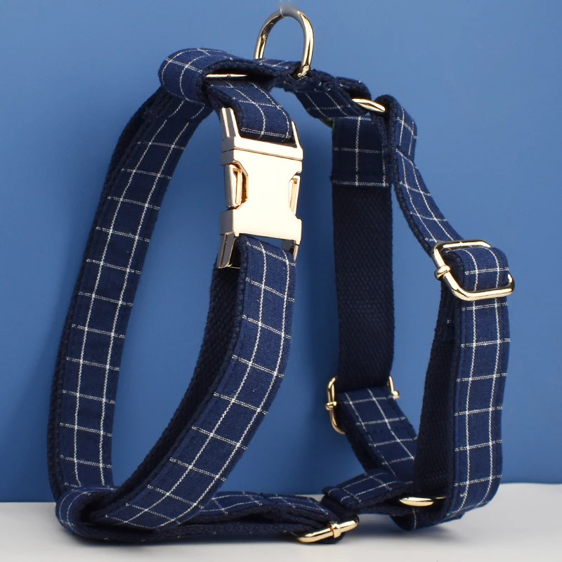 Dark Blue Check Dog Collar Leashes Harness Bow Set Grid 02