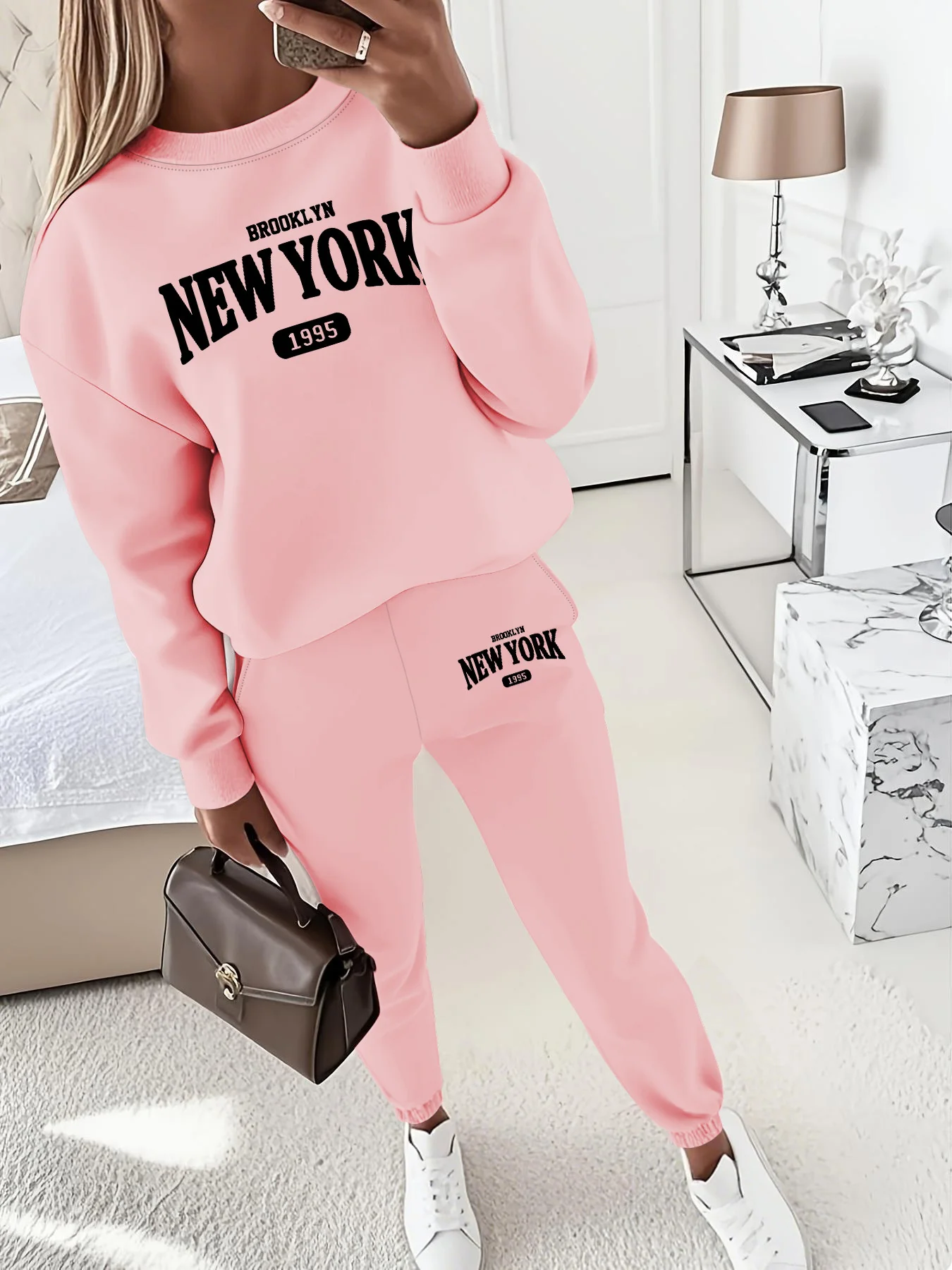 New York Print Two piece Set Casual Kangaroo Women\'s Casual Fashion Round Neck Sweatshirt, Solid Color Long Sleeves Sweatshirt,