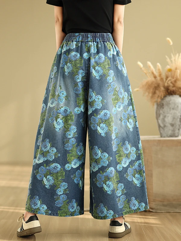 plus Size Denim Wide Leg Pants High Waist Nine Points Blue Jeans Elastic Waist Printed Casual Versatile Loose Fit Straight Leg