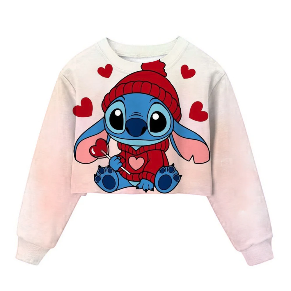 Lilo Stitch-Sudadera teñida con lazo para niña, jersey corto con cuello redondo, ropa deportiva para niño, ropa de otoño de manga larga con bonitos dibujos animados para niño