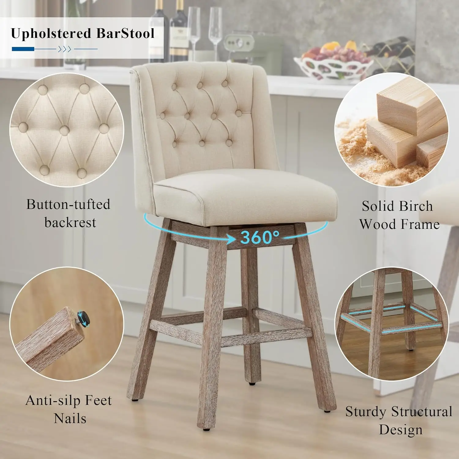 카운터 높이 바 스툴 2개 세트, 360 °   회전식, 나무 다리, 모던한 린넨 커버, 높이 28.5피트