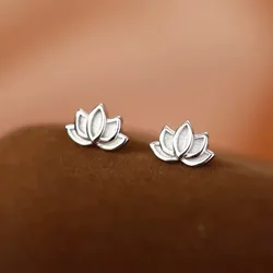 925 Sterling Silver Lotus Flower Small Stud Earrings For Women Piercing Luxury Elegant High Jewelry Best Selling