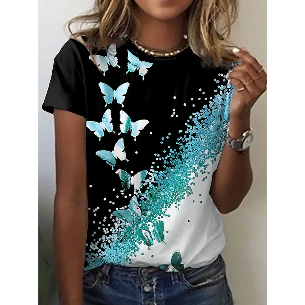 

2025 Women's Street Fashion T-shirt Dreamy Butterfly 3D Printed Short Sleeve Versatile Daily Casual Round Neck Top Women's Wear