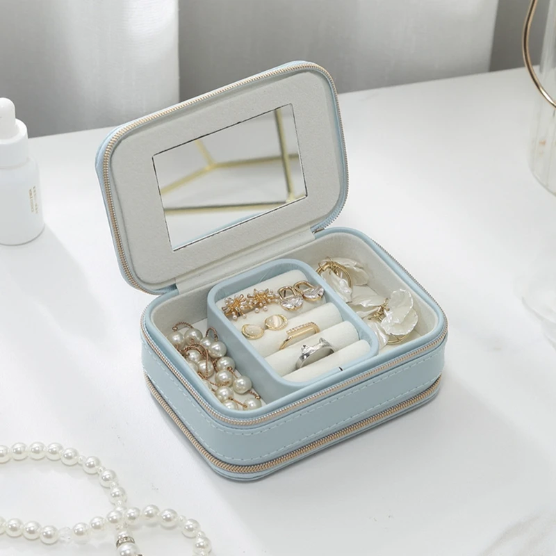 PWS Portable Jewelry Storage Box Organizer Display Travel Jewelry Zipper Case Box Earrings Necklace Rings Jewelry Box
