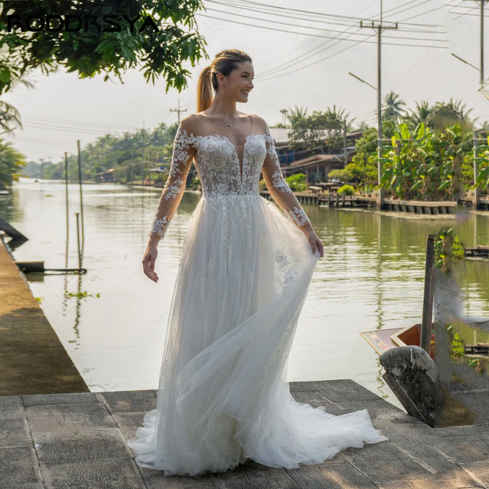 RODDRSYA gaun pengantin lengan panjang, gaun pengantin renda punggung terbuka Applique A-Line kain Tule sendok leher ilusi gaun pengantin Hochzeitskleid