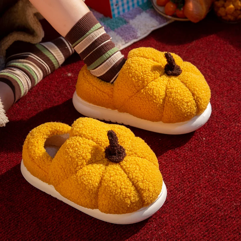 Wintermode, niedlich, lustig, kreativ, kürbisförmige Plüsch-Hausschuhe für Zuhause, Wärme, Entspannung im Freien, für Paare, Baumwollschuhe – Detail 7