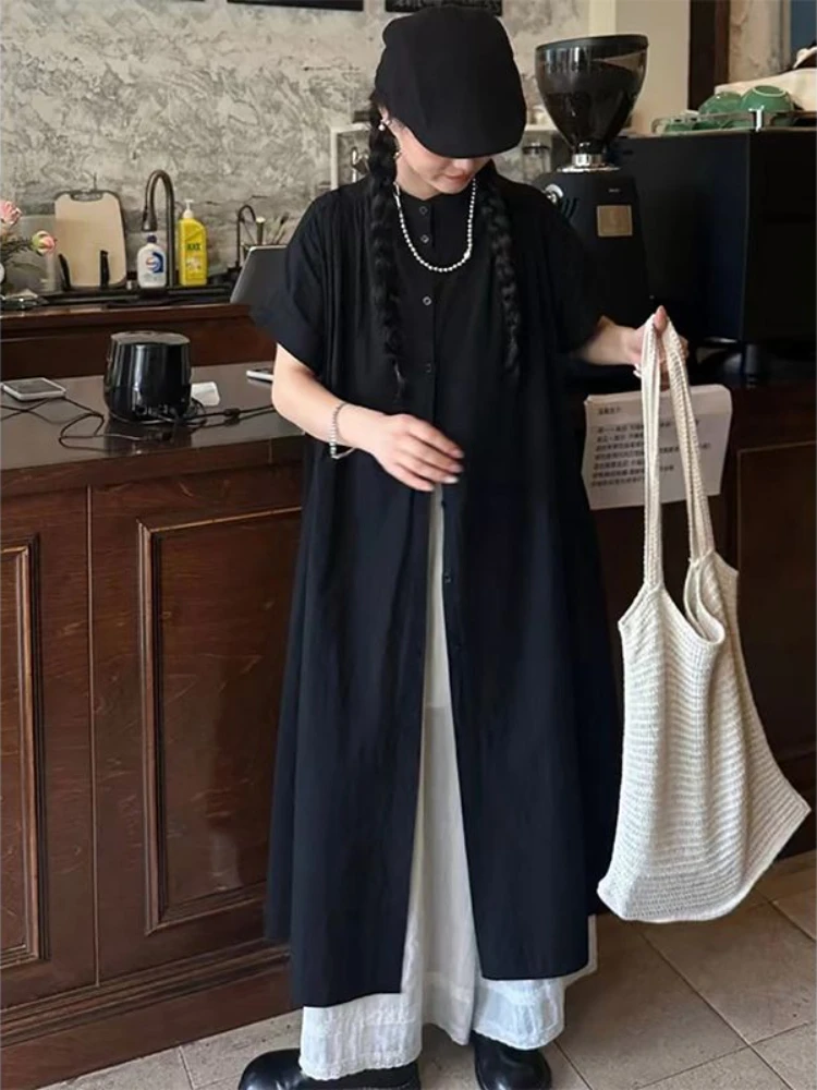 Deeptown Japanese Style Black Shirts Women Long Blouses Kimono Gothic Casual Oversized Shirt Dress Korean Summer Beach Cover Up