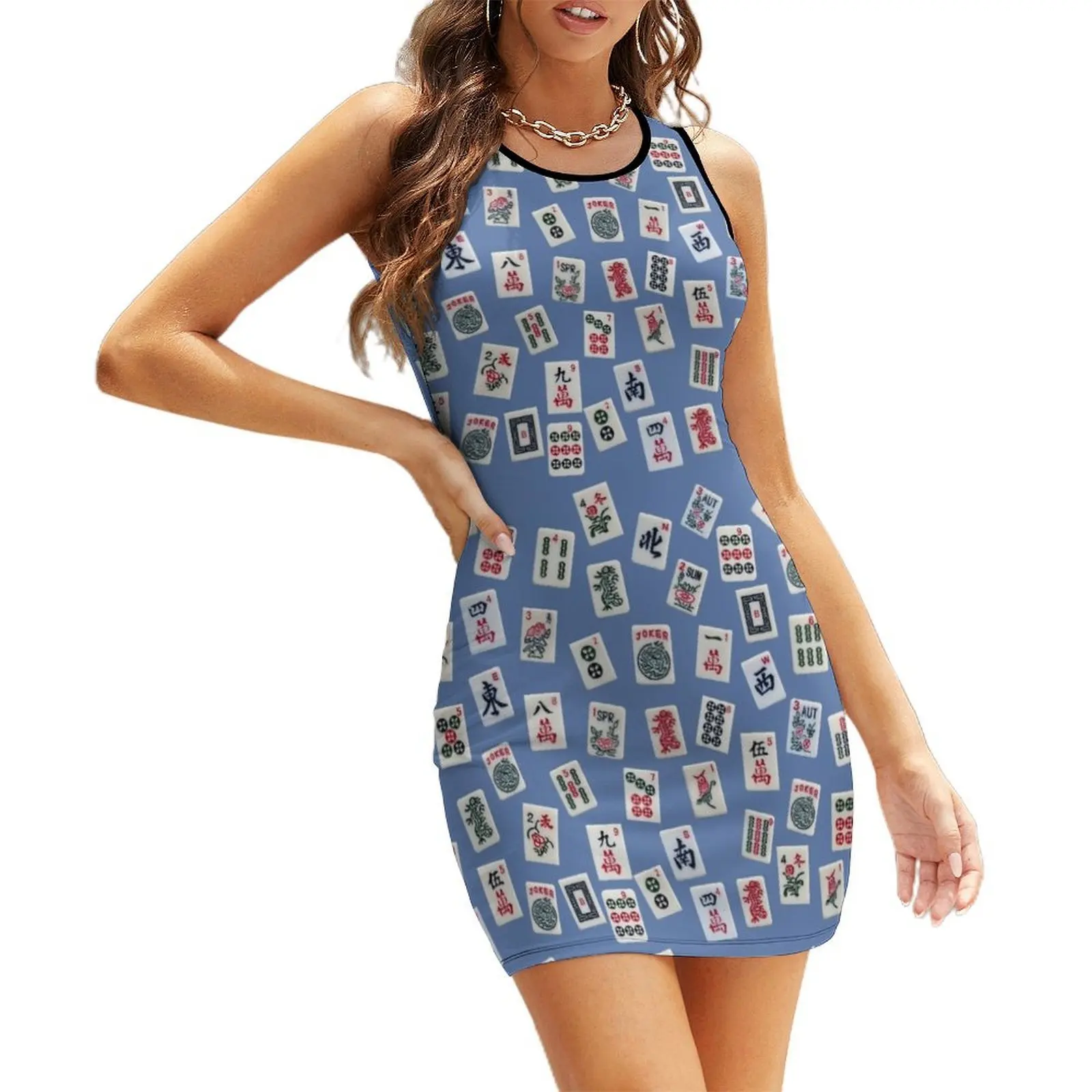 

MahJong tiles symbols design on blue Sleeveless Sundress summer dress womens 2025 women's summer clothing 2025