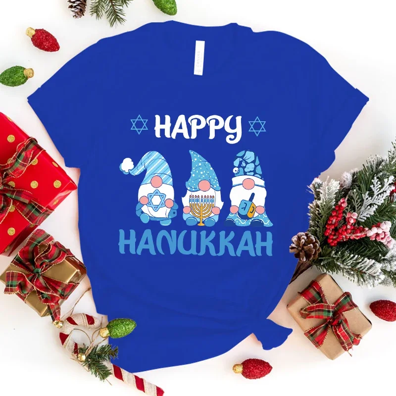 Hot Christmas Gnome Happy Hanukkah Letter Printing T-Shirt Women Fashion Short Sleeve Street Casual Personality Summer T-Shirt