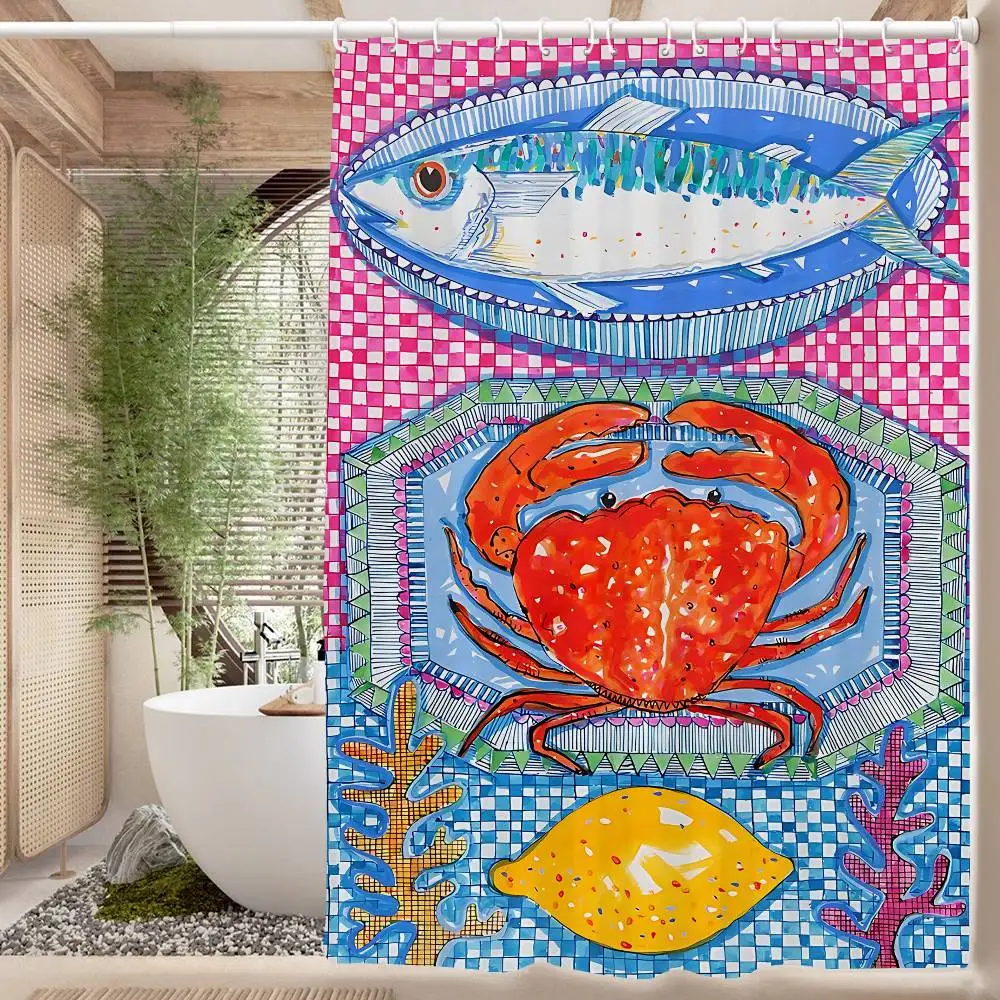 Bunter Sardinen-Hummerfisch-Ozean-Badezimmervorhang, klassischer Anime-Stoff-Duschvorhang mit 12 Haken, wasserdichte Badezimmer-Dekoration