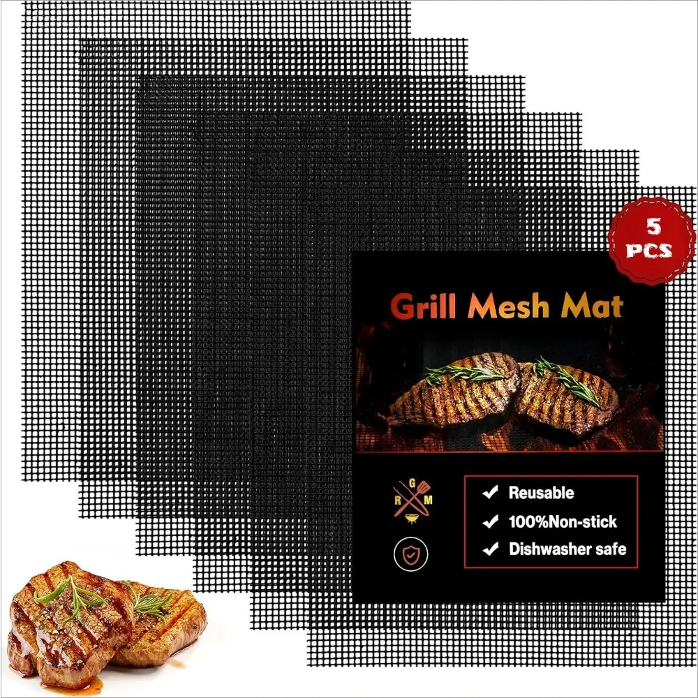 Grill Mesh Mat Set of 5, BBQ Grill mats,Barbecue Grill Accessories, Reusable Non Stick, Works on Gas, Charcoal, Pellet Grill ETC