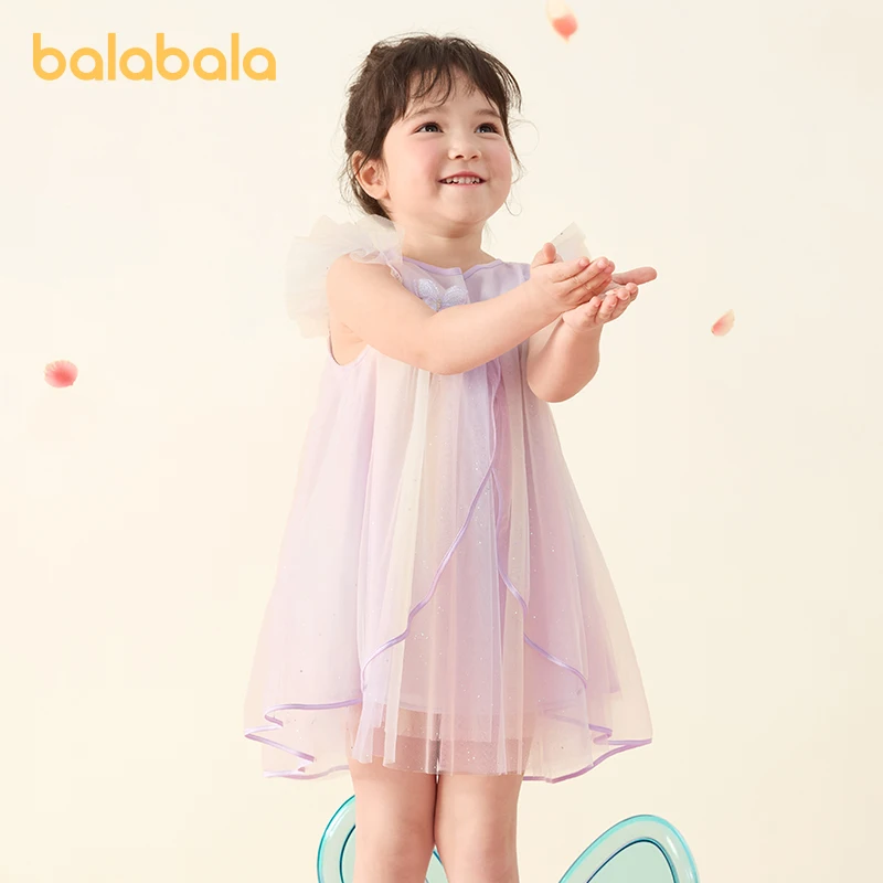 Balabala Children Dress Girls 2024 Summer New Collection Sweet Skirt Gradient Tulle Skirt Exquisite Embroidery