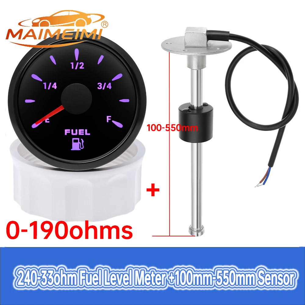 52mm Fuel Level Gauge Boat Marine Fuel Tank Level Gauge 7-color with 100-550mm Fuel Level Sensor Digital Pointer Car Gauge