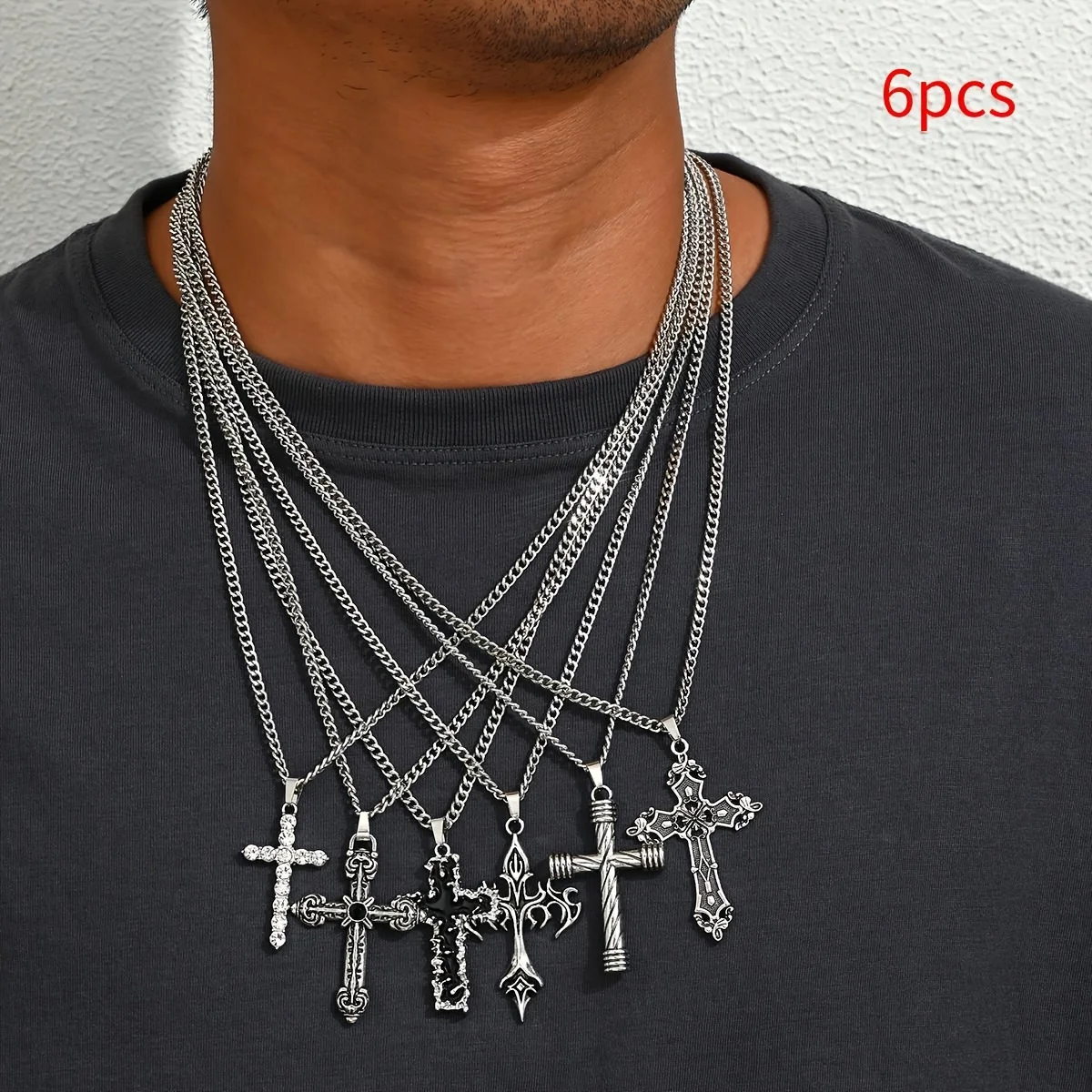 

6pcs Men Streetwear Hip Pop Stainless Steel Chain Necklace Set Hip Hop Fashion Boyfriend Husband Gift