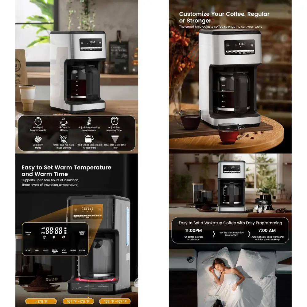 

24-Hour Programmable Coffee Maker with Drip-Free, Washable Filter, Stainless Steel, Silver Commercial Performance