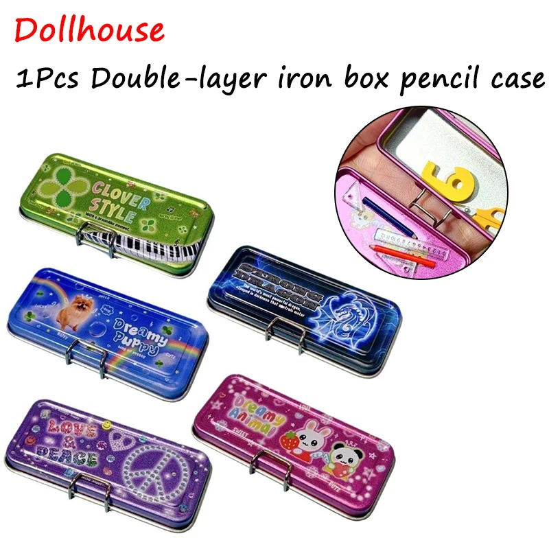 Dollhouse Miniature Double Layer Iron Pencil Box Pen Ruler Measuring Tape Scissors Model Micro Landscape Decor Pretend Play Toy