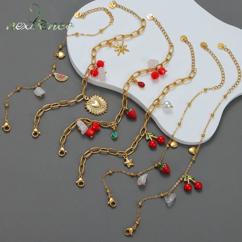 Nextvance, pulseras chapadas en oro a la moda de verano para mujer, dijes de sandía, cereza y fresa roja, regalos de joyería de acero inoxidable