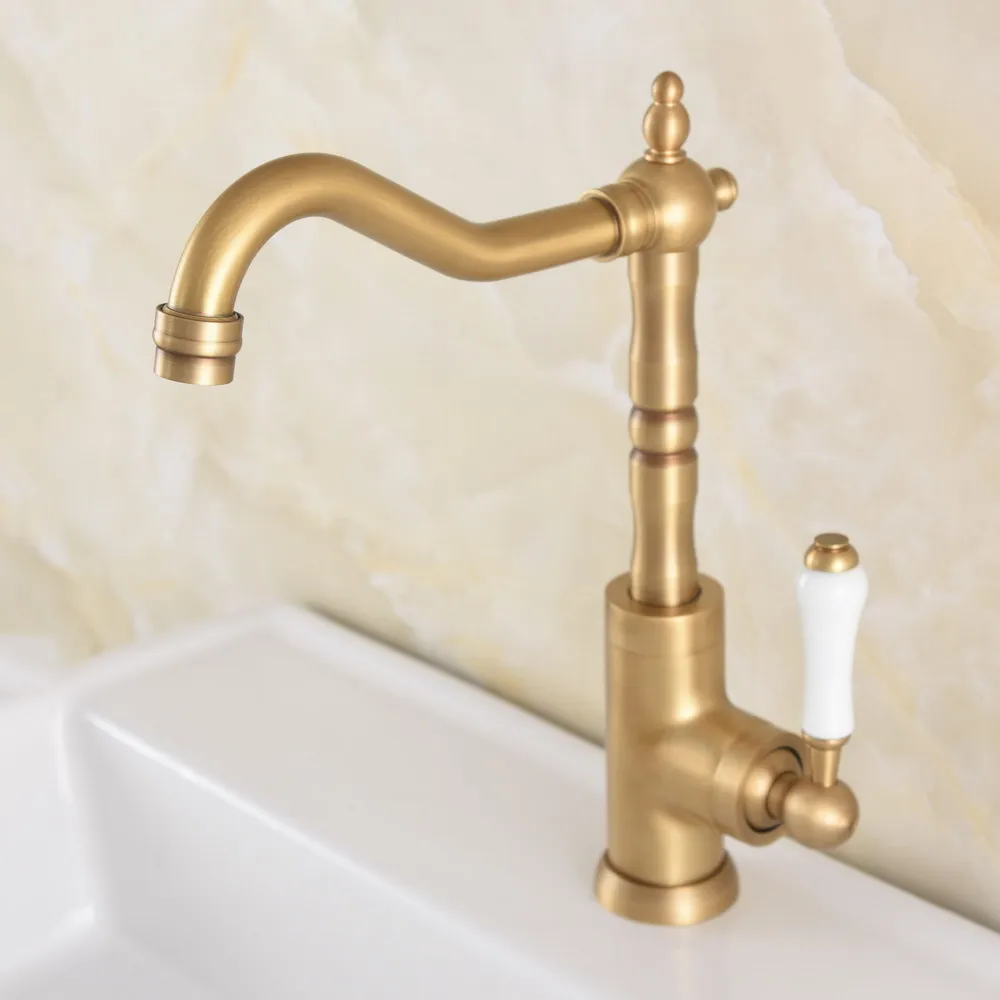 

Antique Brass ﻿Kitchen Sink Faucet Washbasin Faucets Ceramic Lever Cold & Hot Water Mixer Bathroom Taps Deck Mounted Lnf728