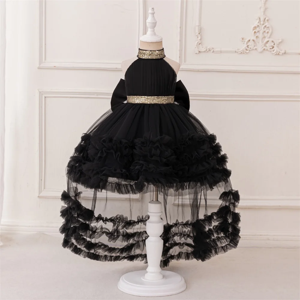 Baby Girls Elegant Black Party Dress Kids Trailing Lace Fluffy Birthday Gown Girl Fashion Big Bow Evening Clothing Toddler Wear