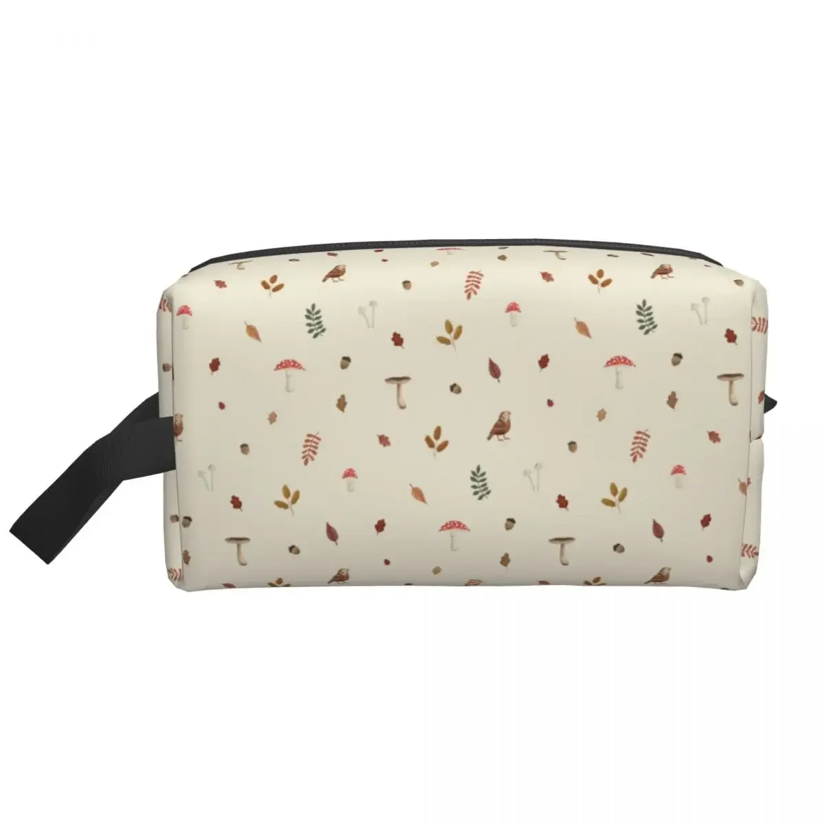 Custom Kawaii Beige Woodland Birds Mushroom Leaves Travel Toiletry Bag Women Cosmetic Makeup Bag Beauty Storage Dopp Kit