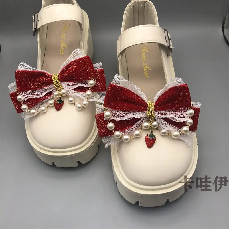 【1Pair】Handmade Red Lolita Shoe Flower Buckles Accessories cute Japanese StyleRibbon Hair Clips Removable Bow Shoe Clips