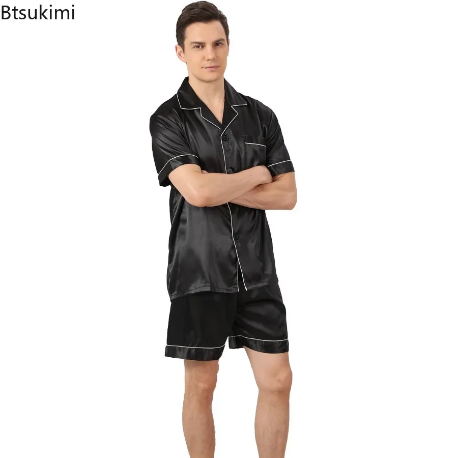 Men's Pajama Sets Luxury Satin Ice Silk Nightwear Casual Home Clothing Summer Fashion Men Short Sleeve and Shorts Sleepwear Suit