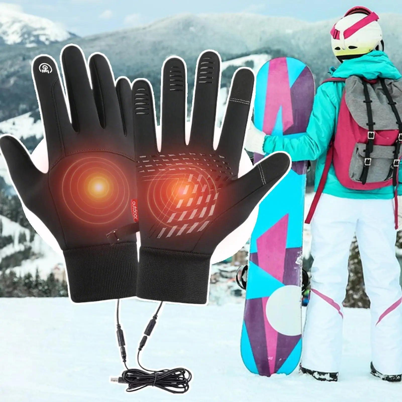 1 زوج USB قفازات ساخنة شاشة اللمس الشتاء قفازات التدفئة الحرارية ، الطقس البارد قفازات التزلج مقاوم للماء لتشغيل الدراجات