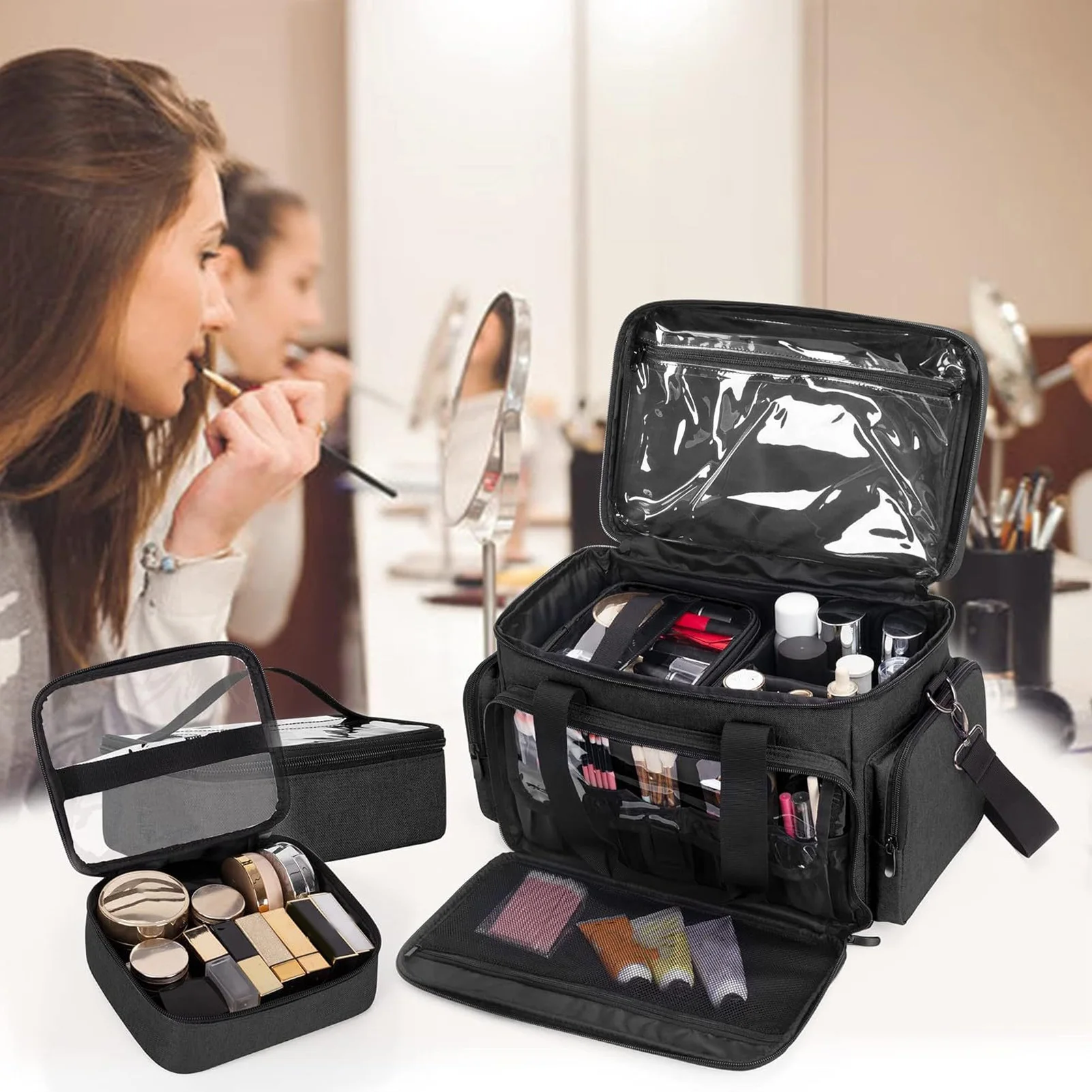 

Косметичка-органайзер с множеством карманов, регулируемым плечевым ремнем и верхней ручкой для деловых поездок