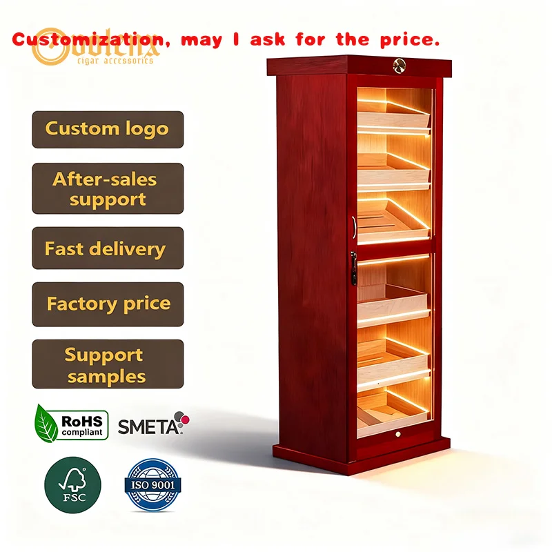 

custom.Hot Sale LED Spanish Cedar Wood Cigar Cabinet Design Lacquered Surface Cigar Display Cabinet Humidor Sto