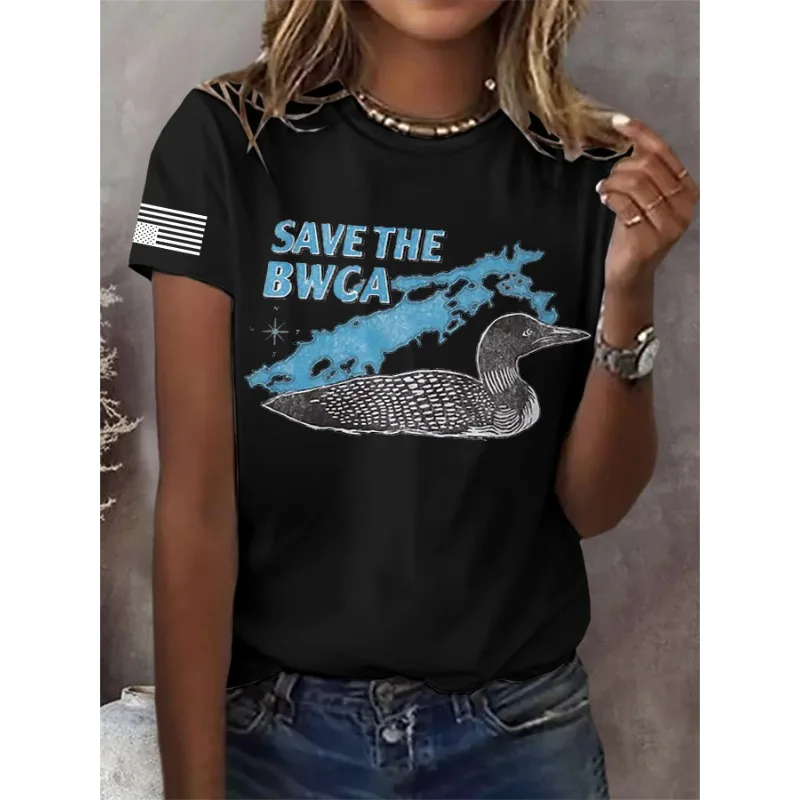 ilstile Women's Save The BWCA Print T-Shirts Summer Short Sleeve Casual Tops Round Neck T Shirt Black White Blue Green Tees
