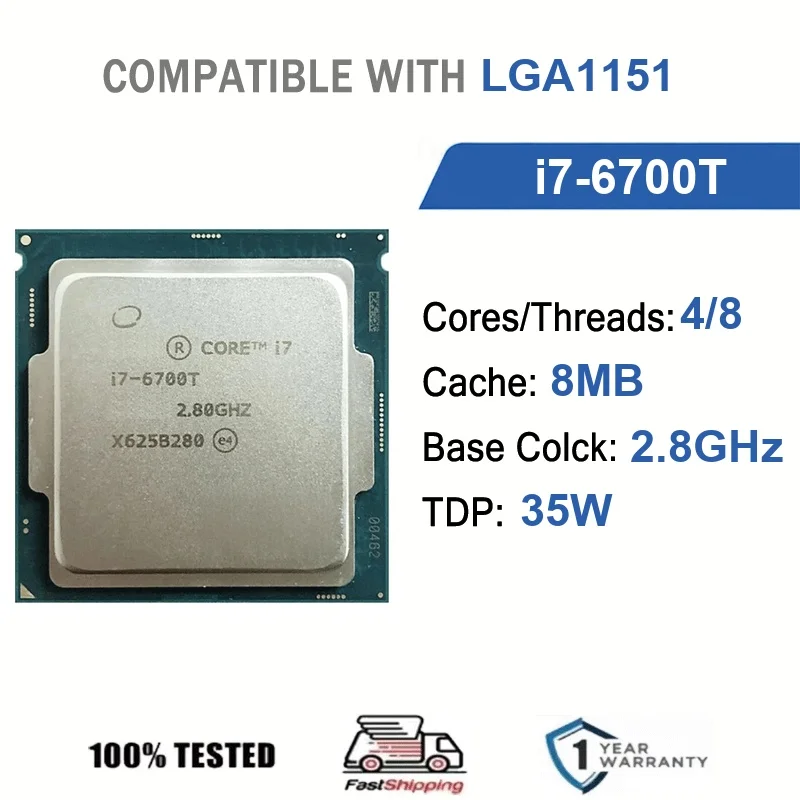 Intel Core i7-6700T 4 núcleos 8 hilos 2,8 GHz 35 W 8 MB de caché 14 nm LGA1151 SR2BU / SR2L3 DDR4 2133 MHz Skylake HD Graphics 530