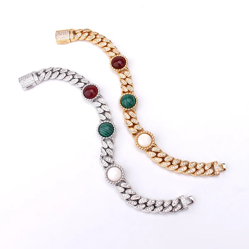 

European and American style retro fashion tricolor agate Cuban bracelet hip-hop street couple accessories