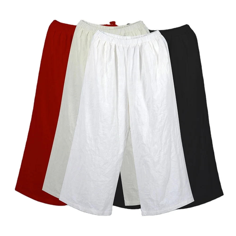 

Women Fashion Clothes Solid Color Woven Cotton Wide Leg Full Length Pants Loose Trousers with Two Pockets Side