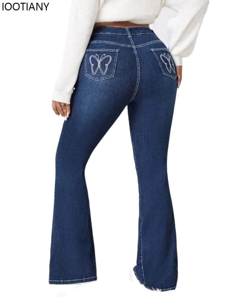 Spring New Women's High Waist Flared Pants Fashion Sexy Slim Fit Elastic Butterfly Embroidery Flared Jeans Leggings