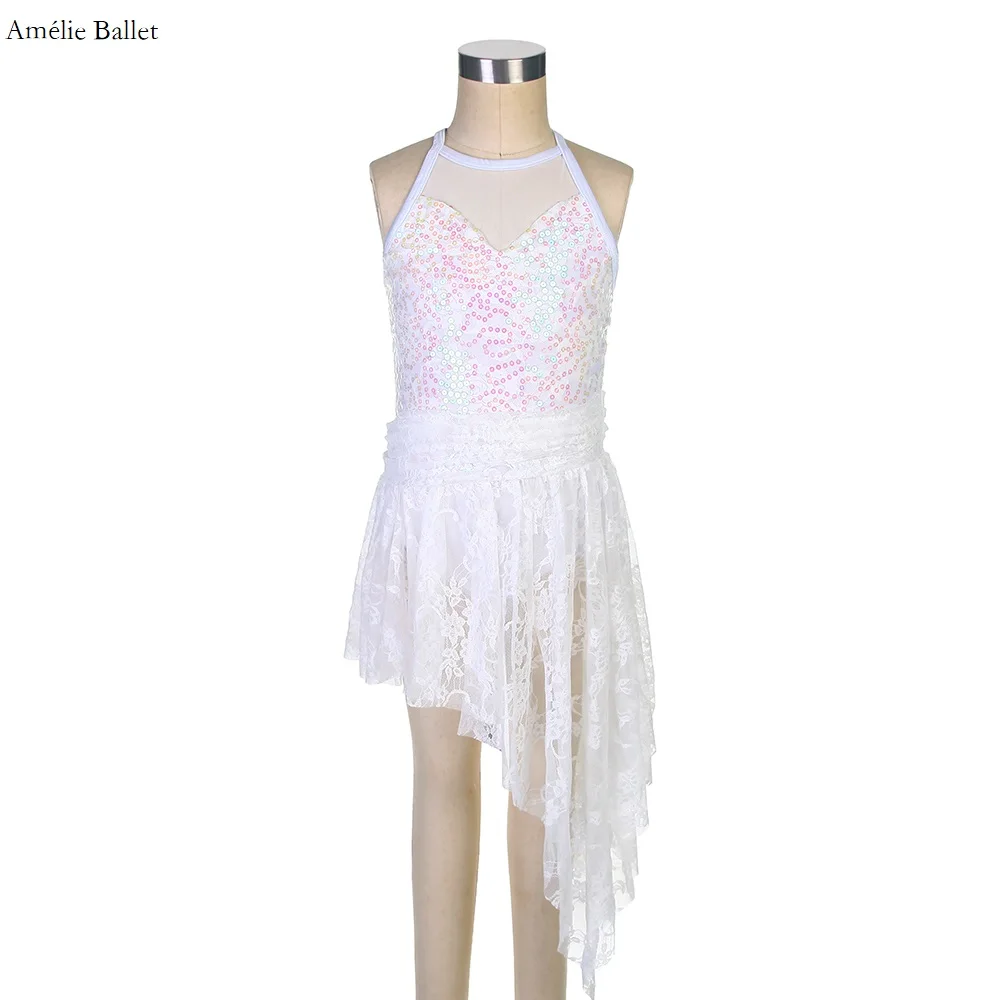 

17312 White Sequin and Lace Bodice Halter Neck Dress Ballet Dance Adult Girls Stage Performance Costume Lyrical Dance Skirt