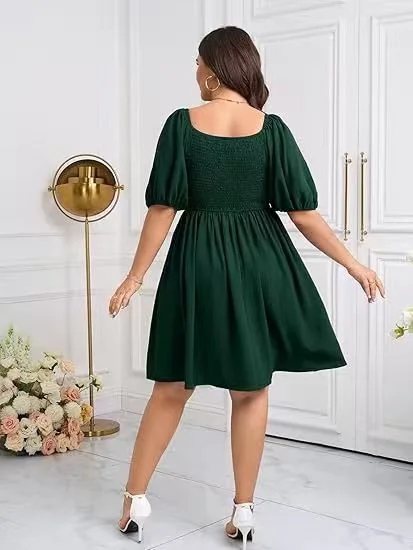 2026 New Solid Color Plus Size Dress For Women Square Neck Convertible Off Shoulder Puff Sleeve High Waist Flowy Mini Dress Vaca