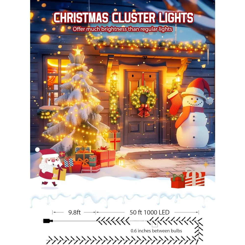 Lumières d'arbre de noël en grappe de 50 pieds, 1000 LED, avec 12 Modes d'éclairage, guirlande lumineuse de pétard d'extérieur, minuterie et contraste à distance