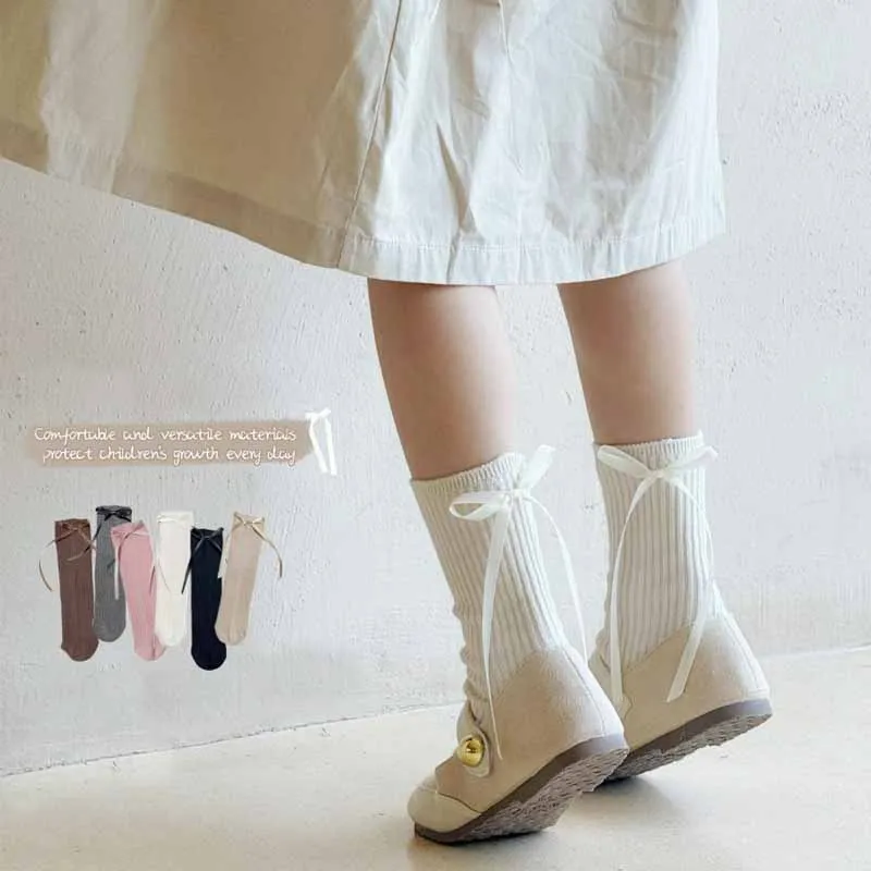 Girls Mid-calf Socks Four Seasons Korean Version Ballet Style Children's Girls Princess Bow Simple Cute Warm Solid Color Socks