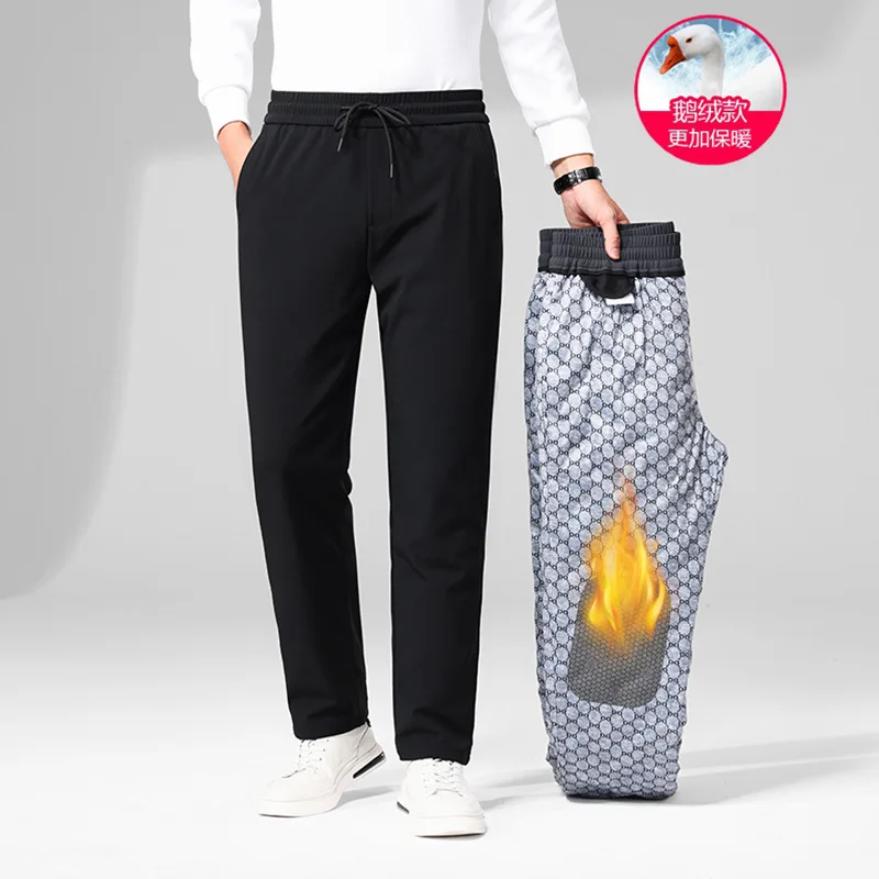 Pantaloni invernali da uomo in piuma d'oca caldi vestibilità ampia gamba dritta elastico in vita pantaloni termici al ginocchio uomo moletom masculino PT-585