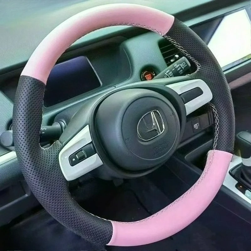 

Hand-stitched renovation wear-resistant black pink Leather car steering wheel cover For Honda 4th Generation Fit LIFE JAZZ 2021