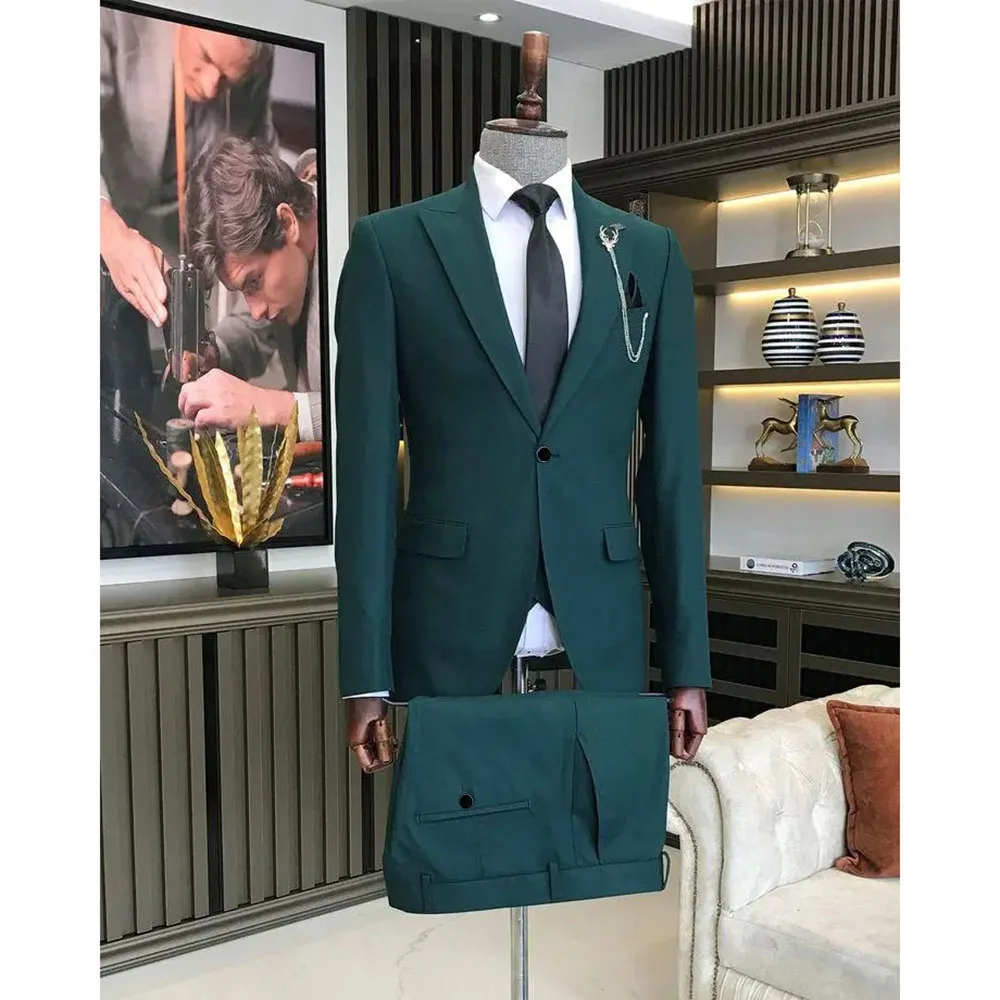 Green Wedding High Quality Men Suits Single Breasted Peak Lapel Blazer Formal Party 2 Piece Jacket Pants Elegant Male Clothing