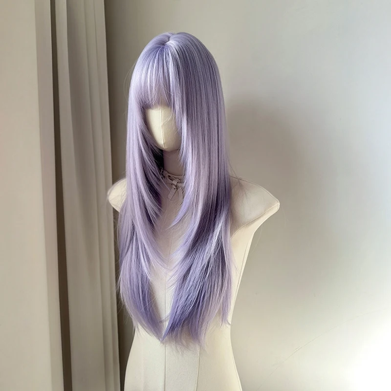 

Purple long straight full-head wig women with bangs, suitable for cosplay, high-layered, everyday, Y2K hot girl, punk style,