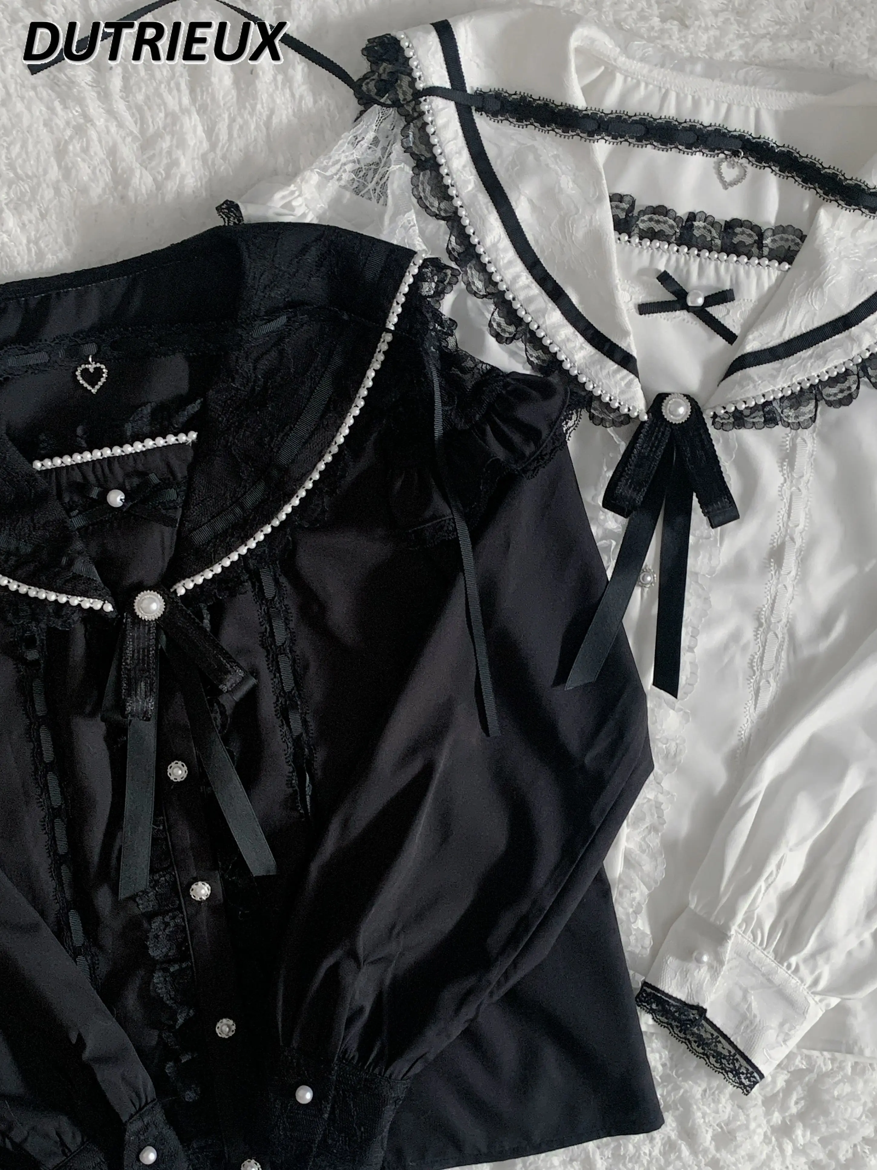 Camisas informales de producción en masa, Tops japoneses de manga larga para mujer, blusa elegante con lazo y cuello de marinero, ropa de encaje para mujer