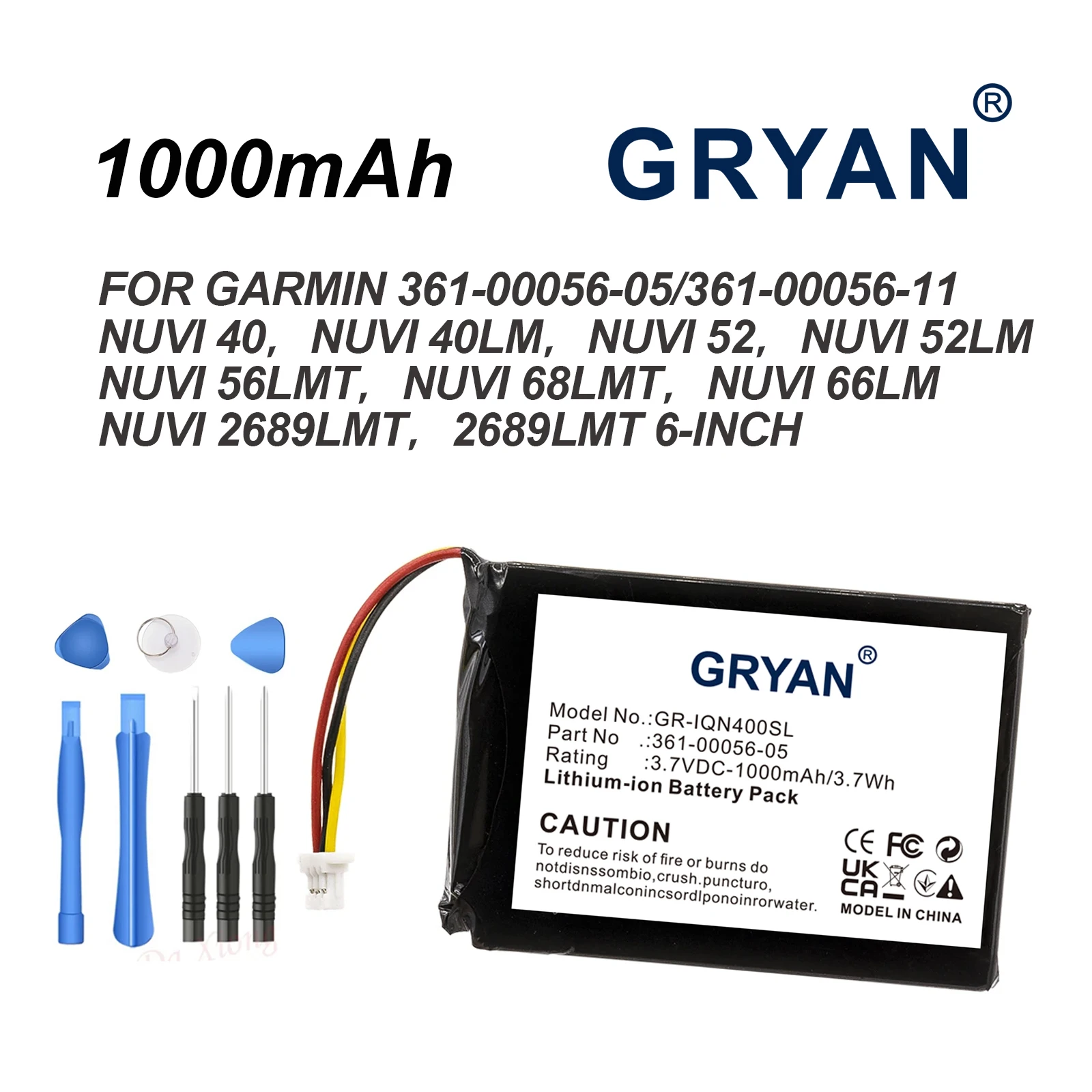 GPS Navigator Battery 1000mAh 361-00056-05, 361-00056-11 for Garmin Nuvi 40, 40LM, 52, 52LM, 56LMT,68LMT,66LM,2689LMT,6-inch