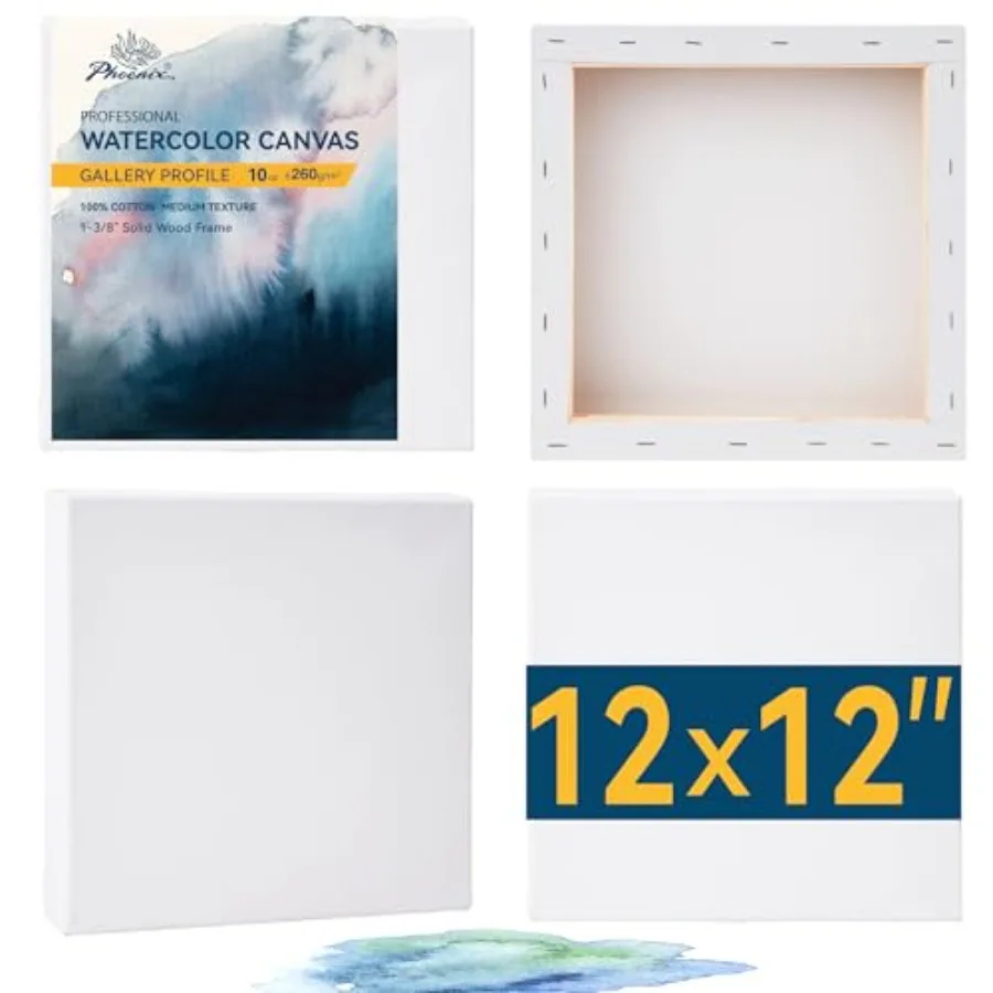 Gallery Depth Watercolor Canvas - 12x12 Inch/4 Pack, 1.5 in Deep 100% Cotton Water Color Square Canvases for Painting, 260g Med