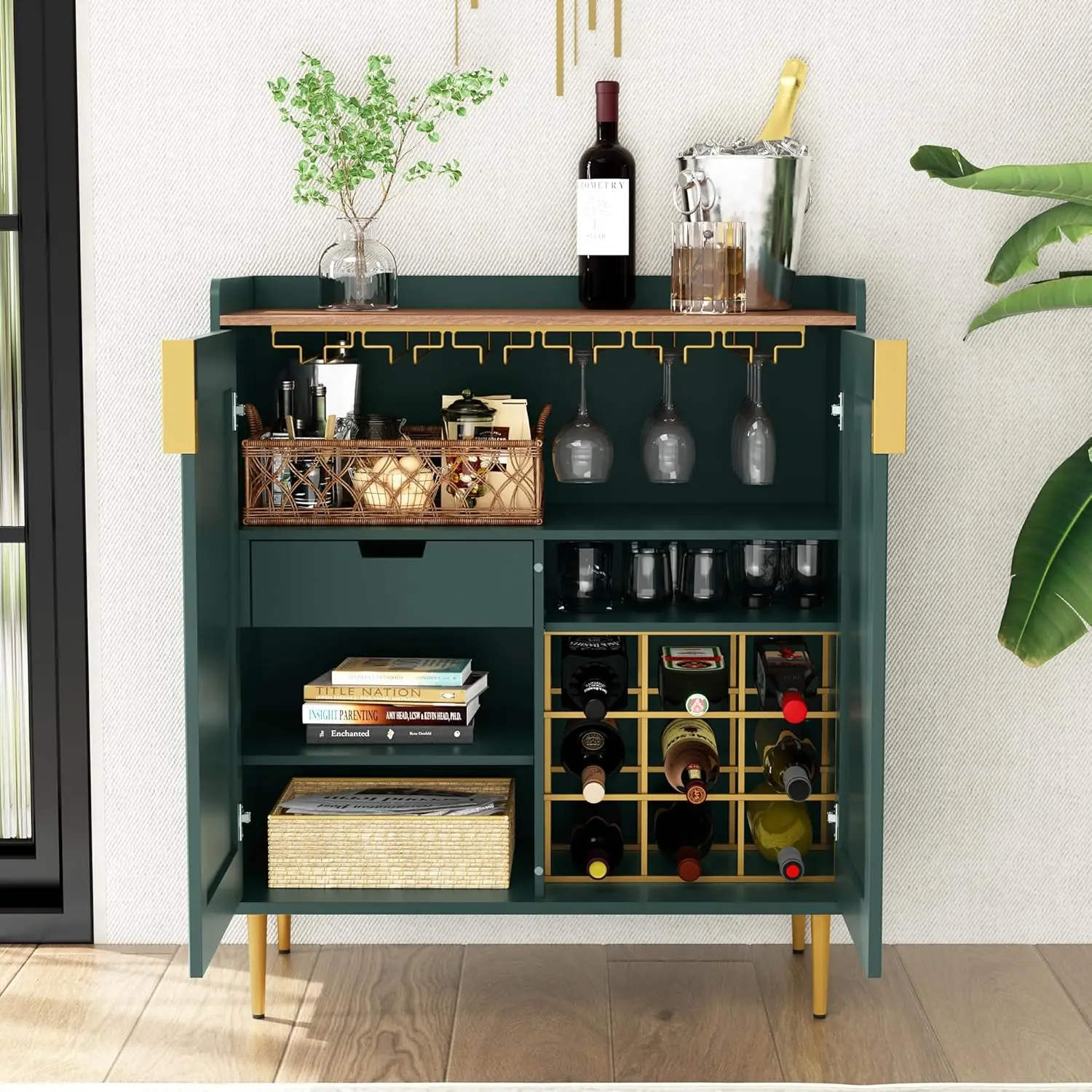 Coffee Bar Cabinet with Wine Racks, Green Liquor Cabinet with Fluted Texture, Modern Sideboard Buffet Cabinet for Kitchen Dining